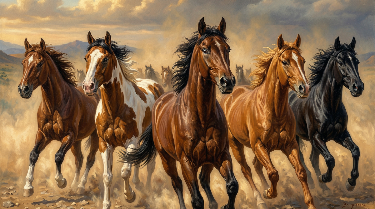 A dramatic digital painting of six horses galloping side by side across a dusty landscape under a cloudy sky. The horses include brown, white and brown, chestnut, golden brown, and black varieties.